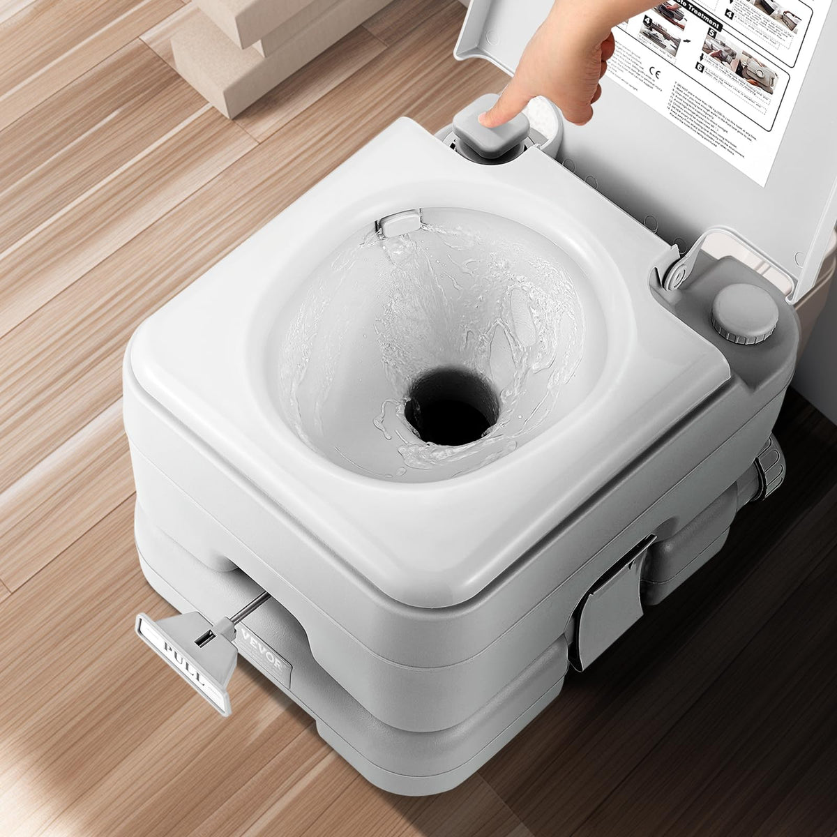 VEVOR camping toilet in RV lifestyle scene showing convenient onboard use