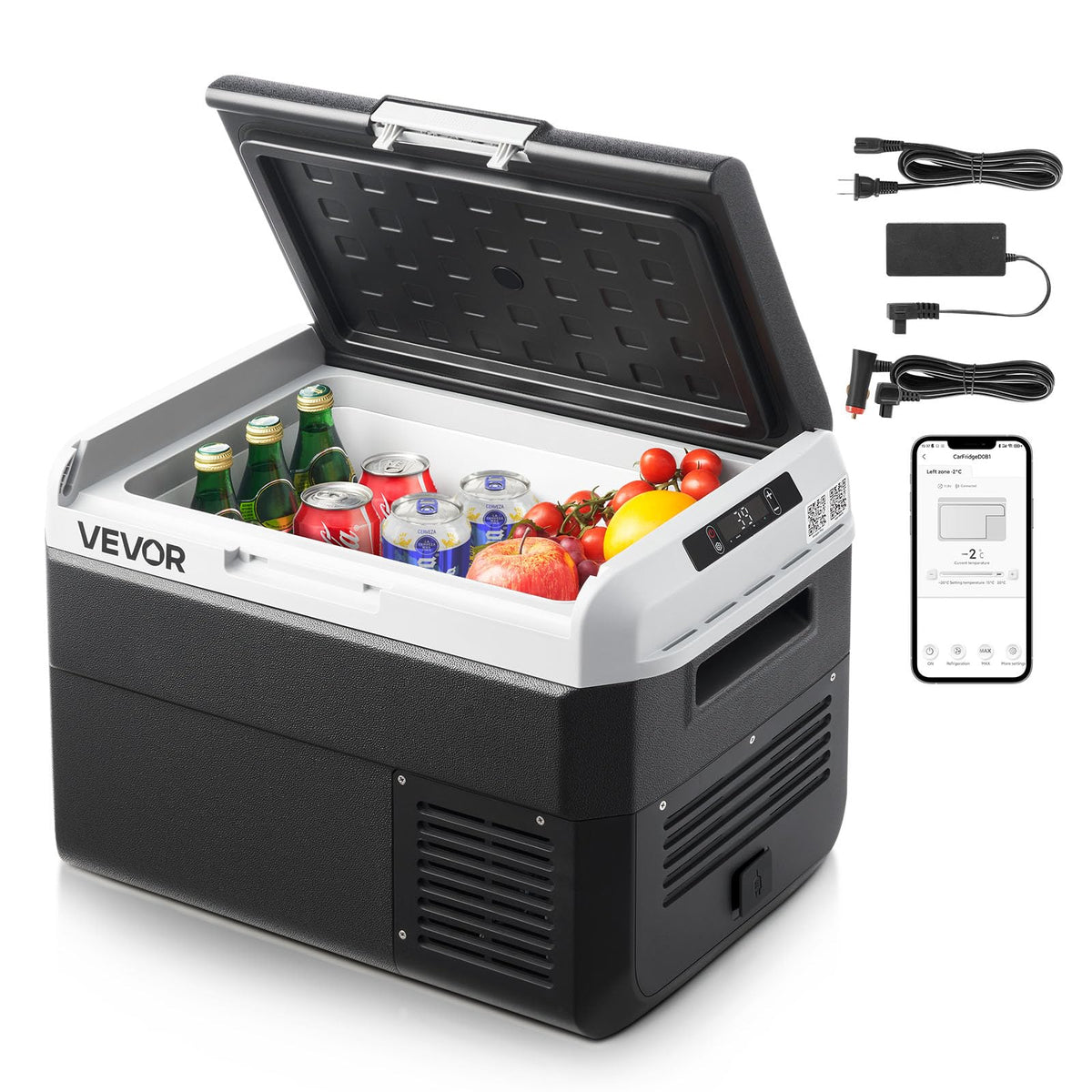 VEVOR front view of portable car fridge showing compact durable case and logo benefits portability