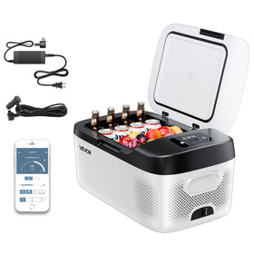 VEVOR car fridge front view showing compact design and quick cooling