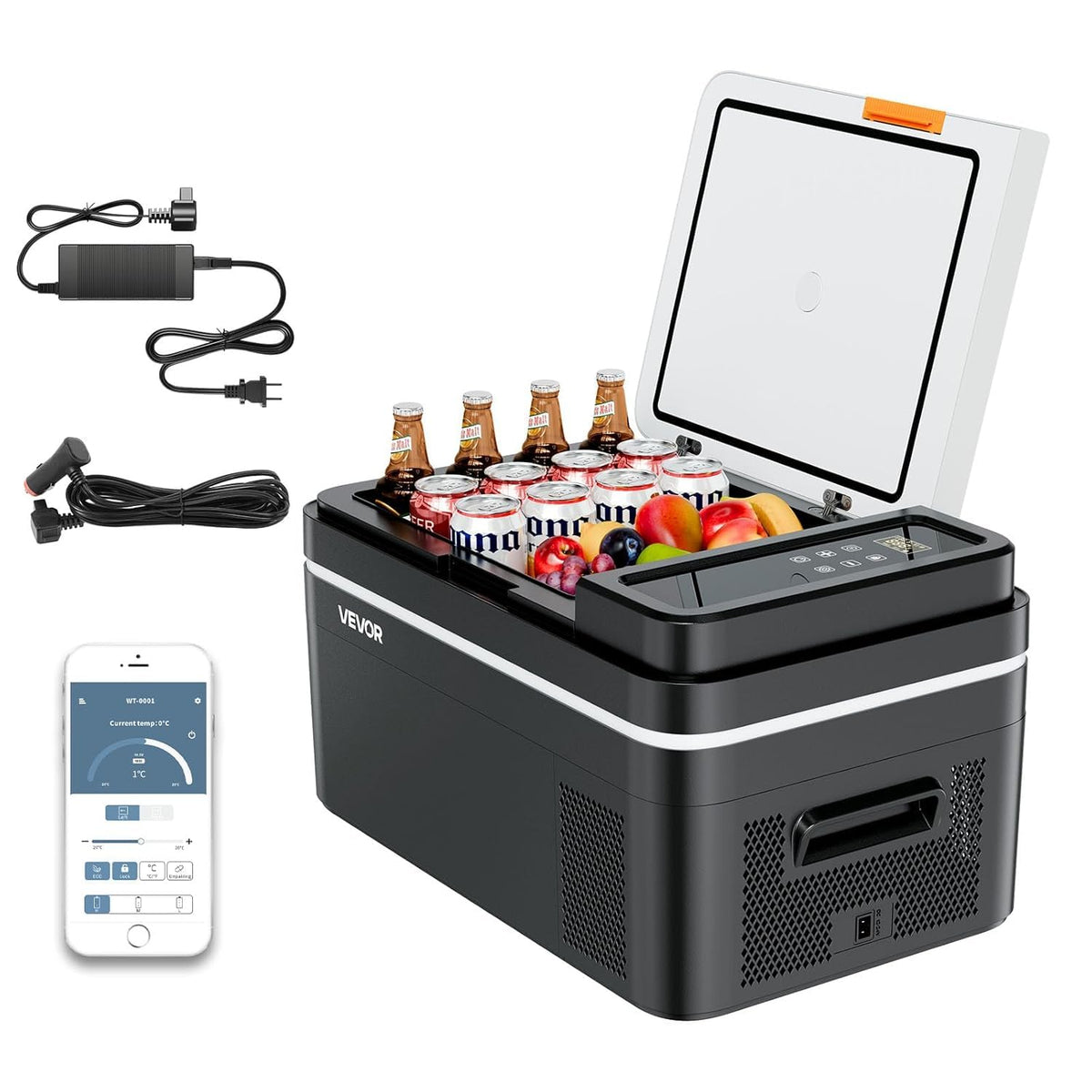 VEVOR front view showing compact fridge and portability benefit