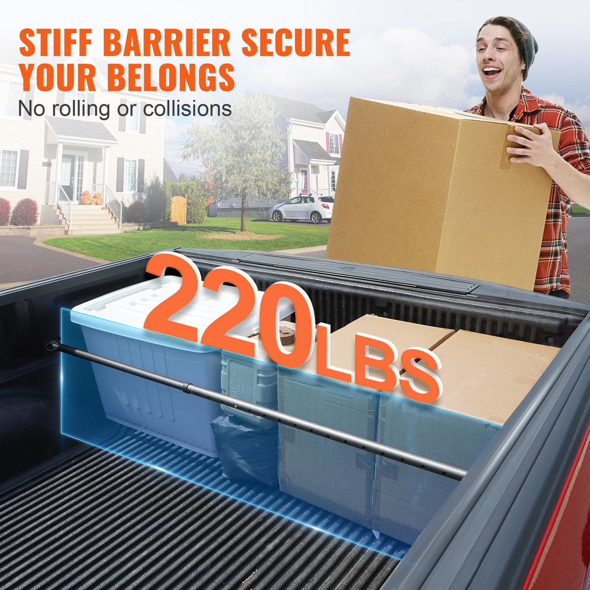 VEVOR cargo bar installed in pickup bed showing stable barrier for transported gear