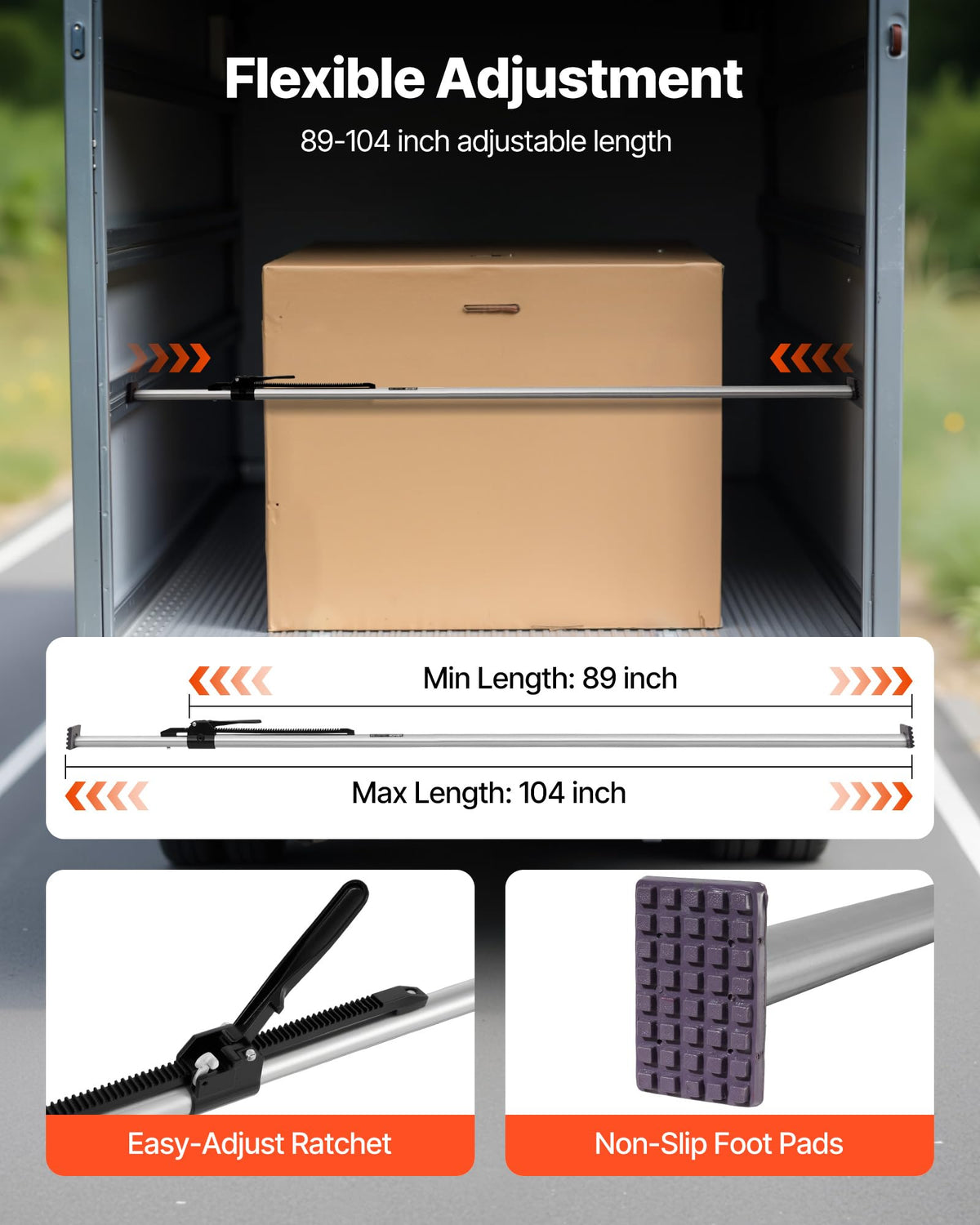 VEVOR cargo bar ratchet mechanism showing easy tensioning and lock