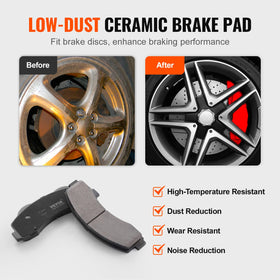 VEVOR ceramic pads closeup showing low-dust compound and quiet braking benefit
