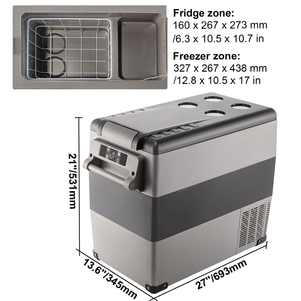 VEVOR CF55 freezing compartment closeup showing frost performance and cold control