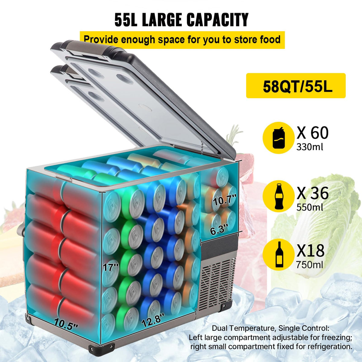 VEVOR CF55 open interior showing storage capacity and organized convenience