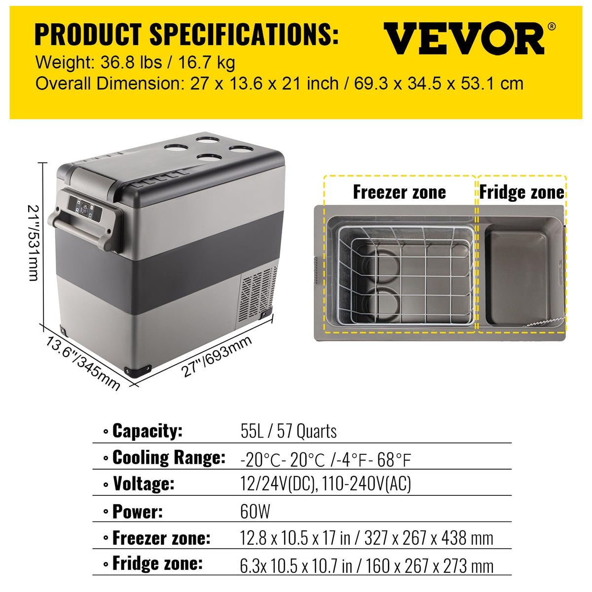 VEVOR CF55 side profile with DC and AC adapters showing versatile power options