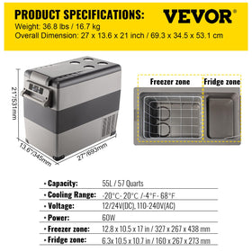 VEVOR CF55 side profile with DC and AC adapters showing versatile power options