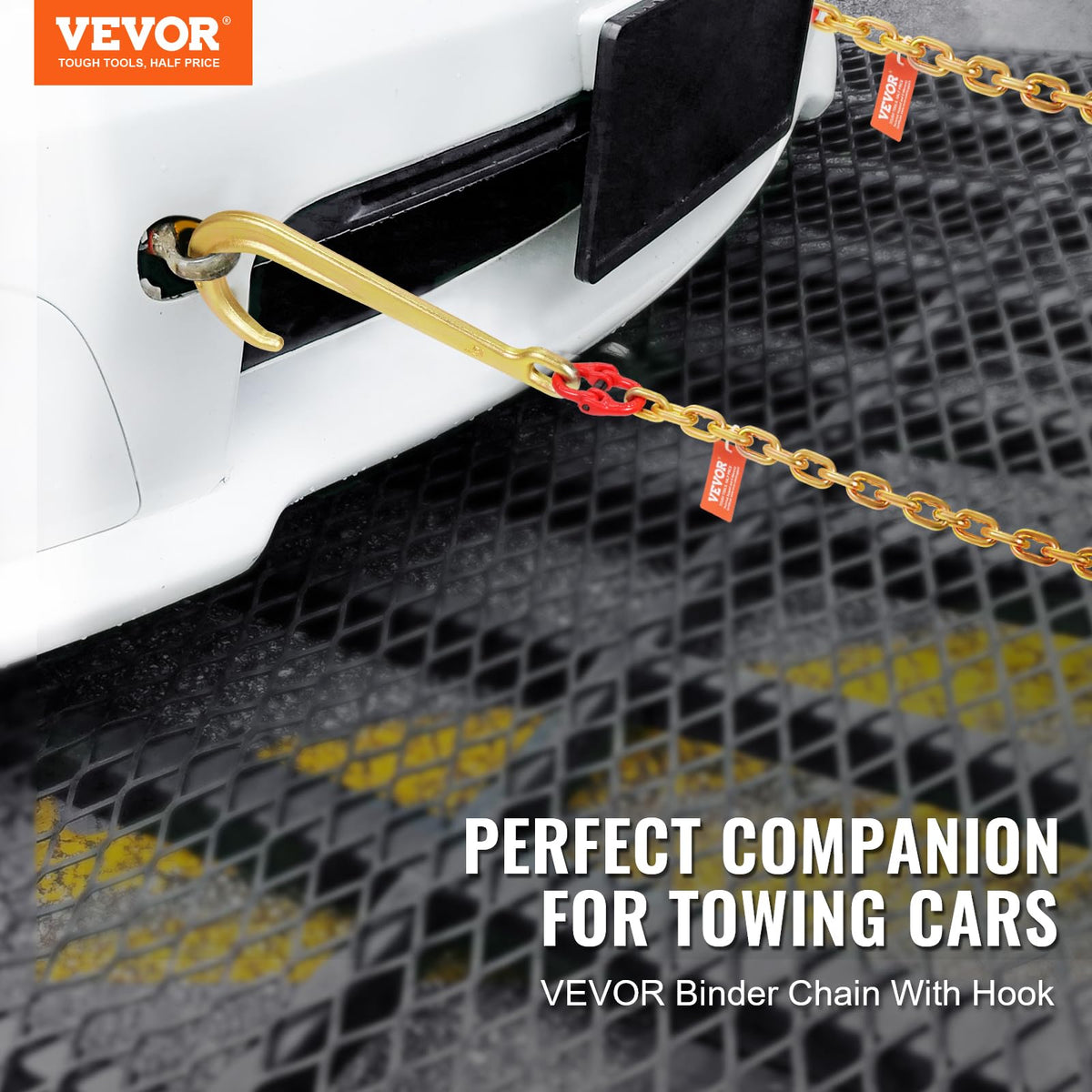 VEVOR close-up of chain link shows galvanized strength and rust resistance