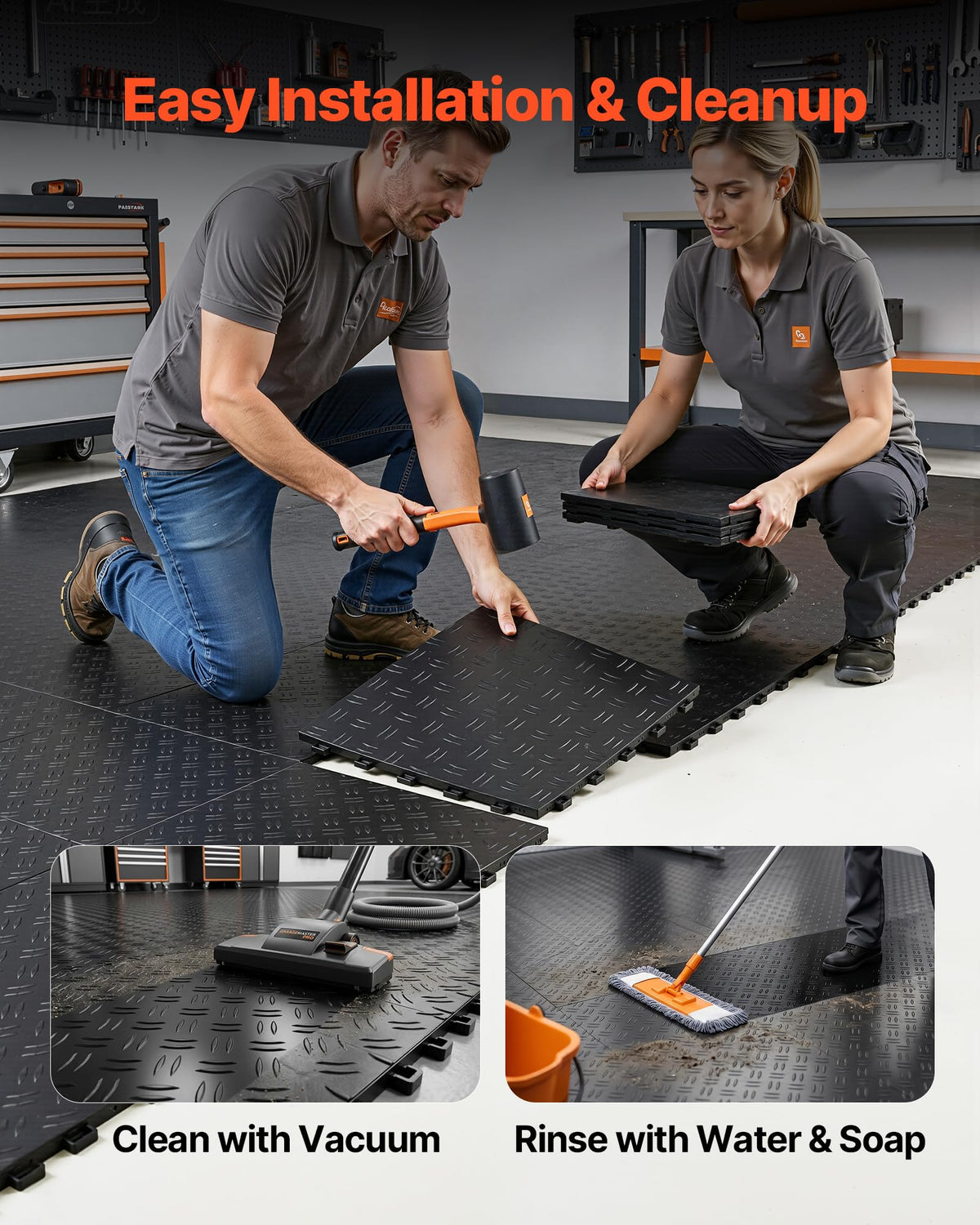 VEVOR tile being mopped demonstrating simple maintenance and stain resistance