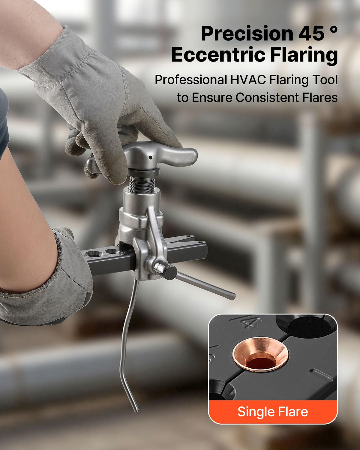 VEVOR close-up of 45° eccentric cone demonstrating precise flare shaping