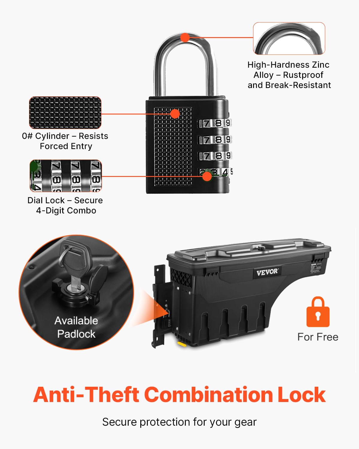 VEVOR close-up of combination lock and latch highlighting security