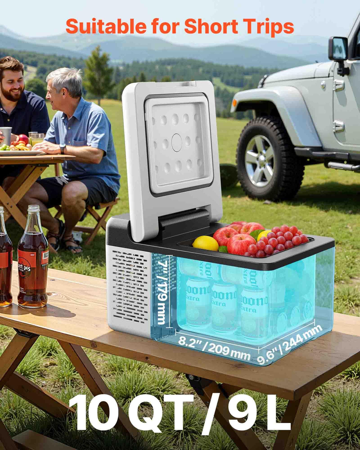 VEVOR compact 10QT fridge in car trunk demonstrating space-saving portability