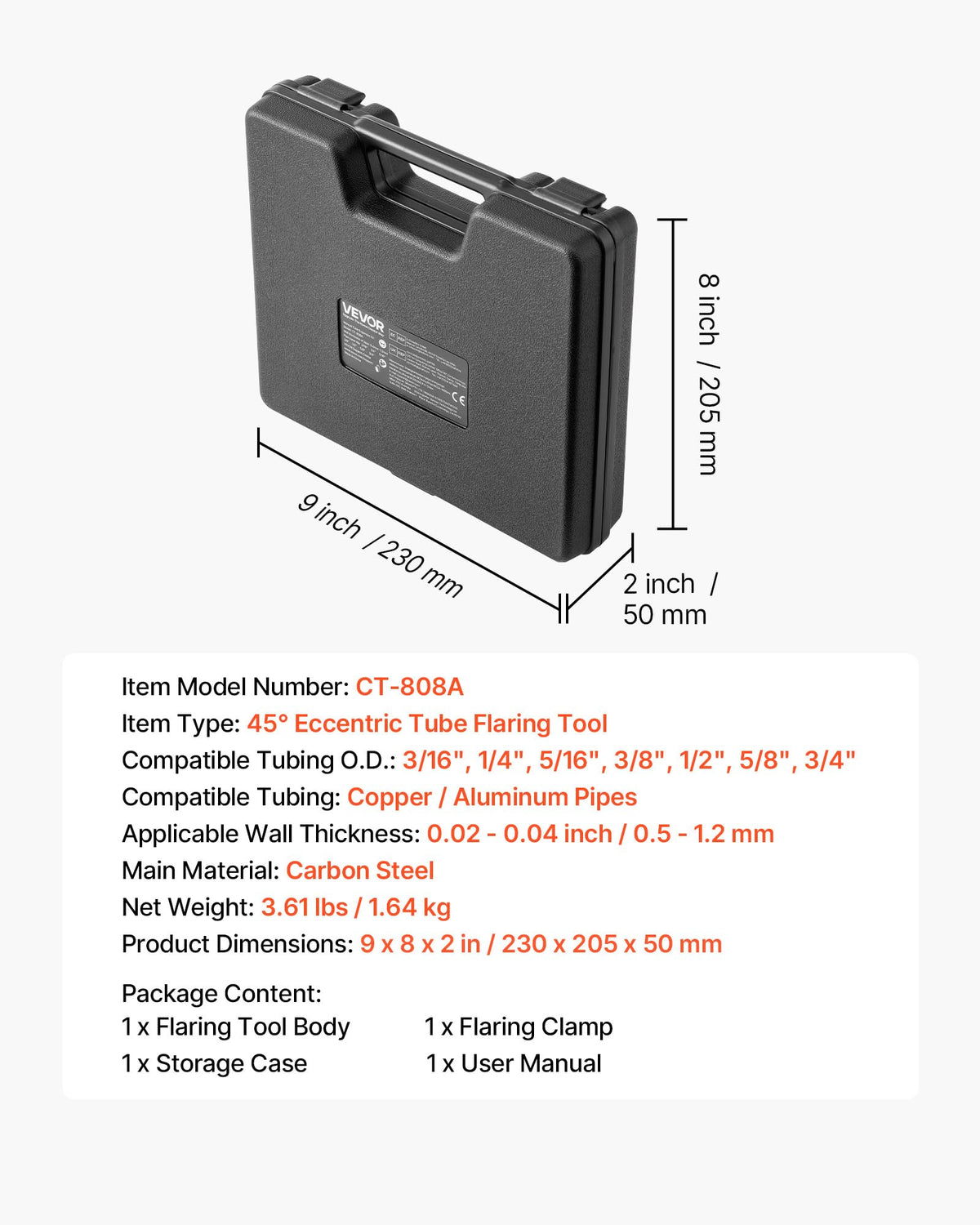VEVOR flaring tool next to ruler showing compact size and scale for jobsite portability