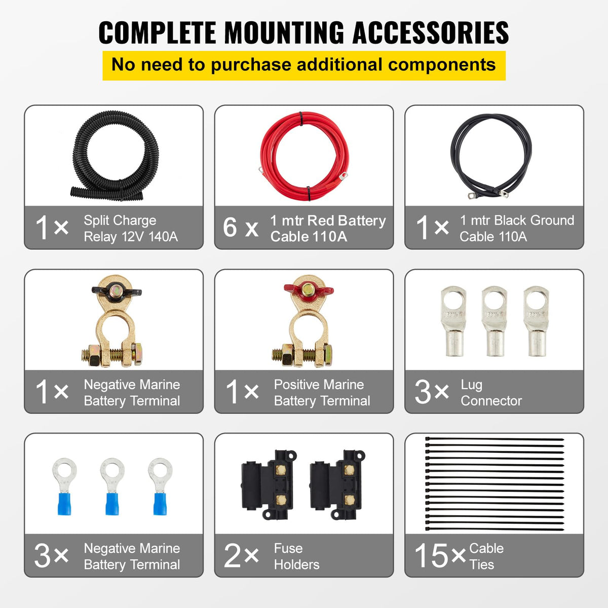 VEVOR complete kit layout with cables and terminals for easy installation