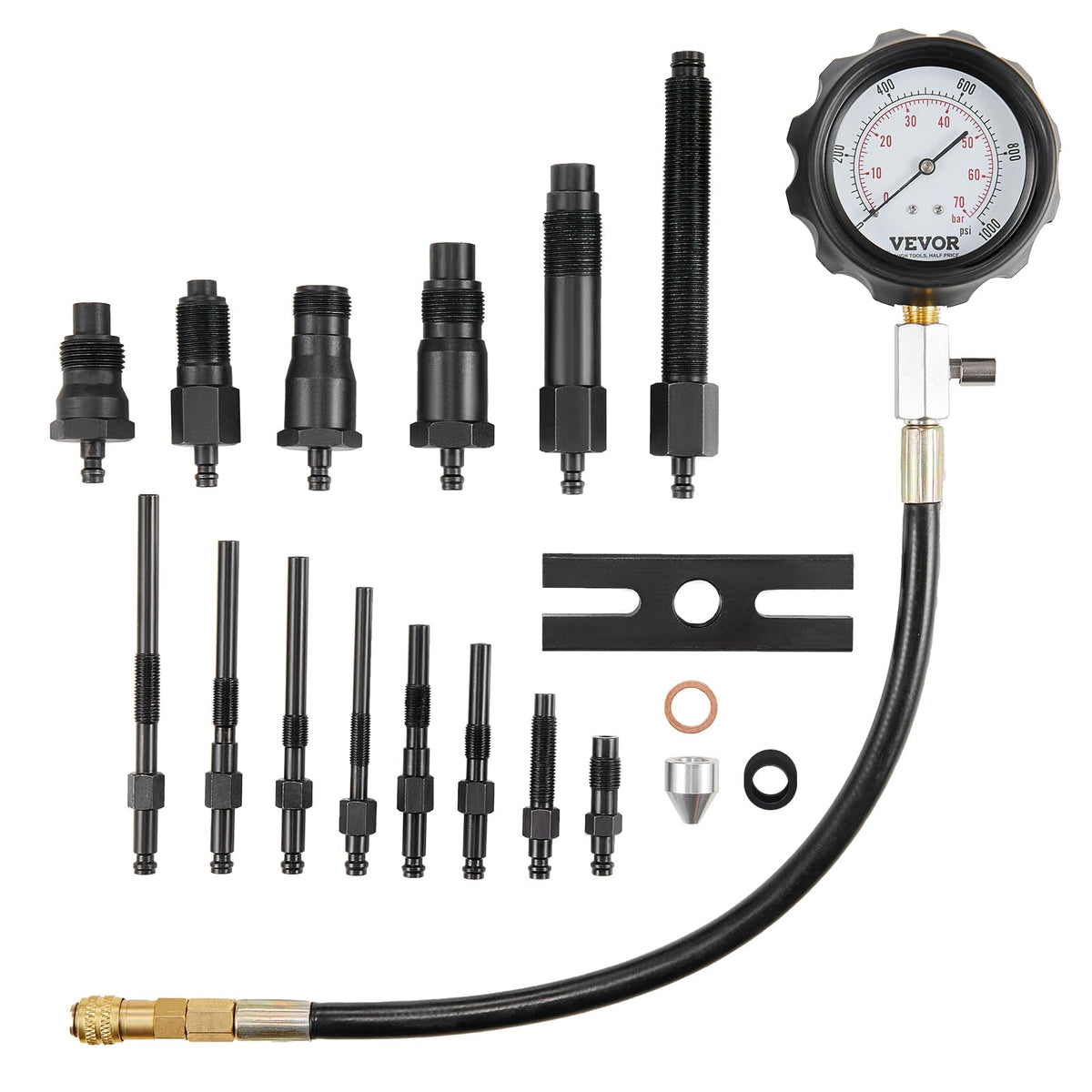 VEVOR complete kit layout showing gauge adapters and hose for fast diagnostics