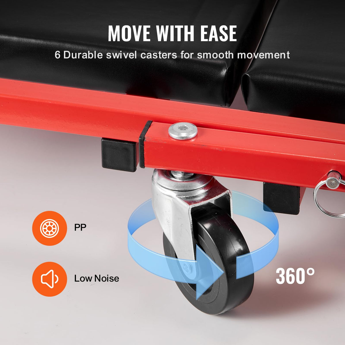 VEVOR caster wheel close-up illustrating smooth, quiet rolling