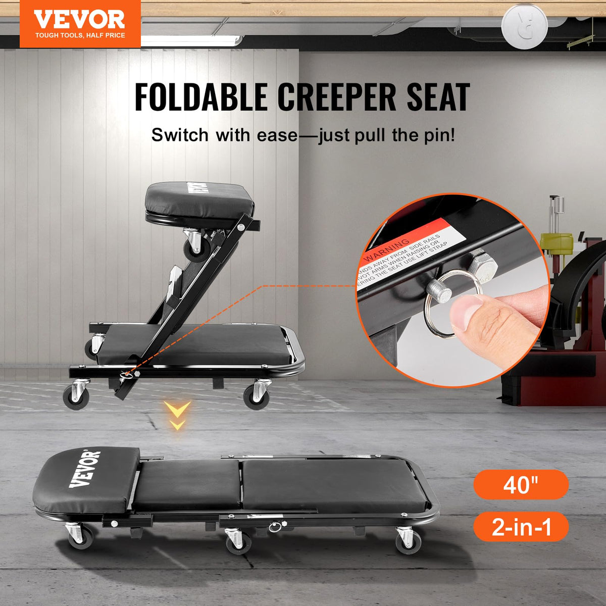 VEVOR folded creeper stored vertically saving garage space and easy organization benefit