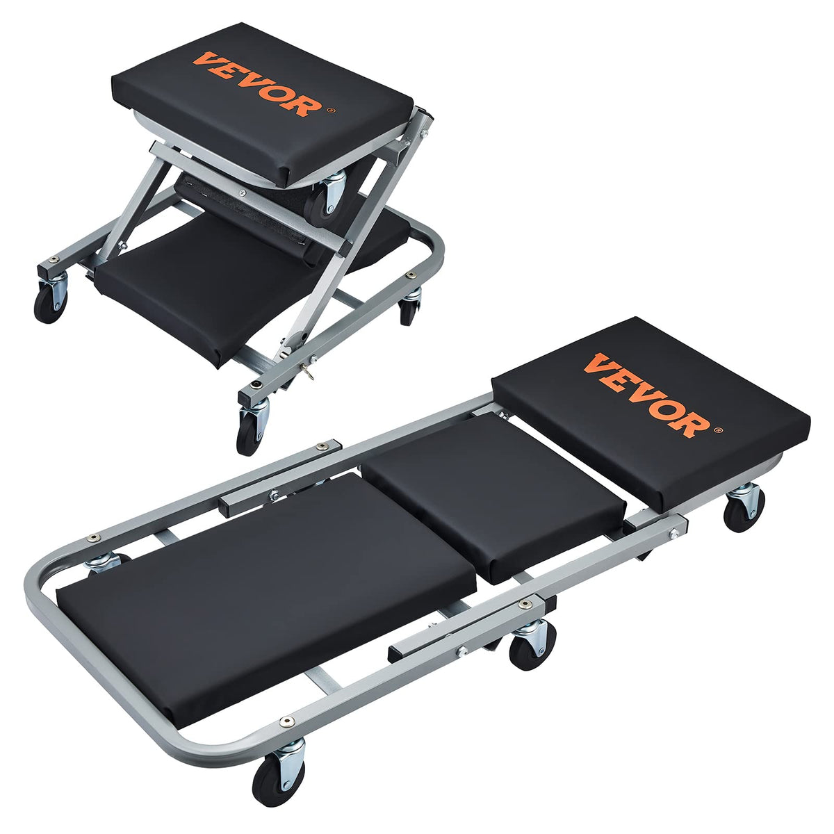 VEVOR front view of creeper seat showing full platform and padding benefits