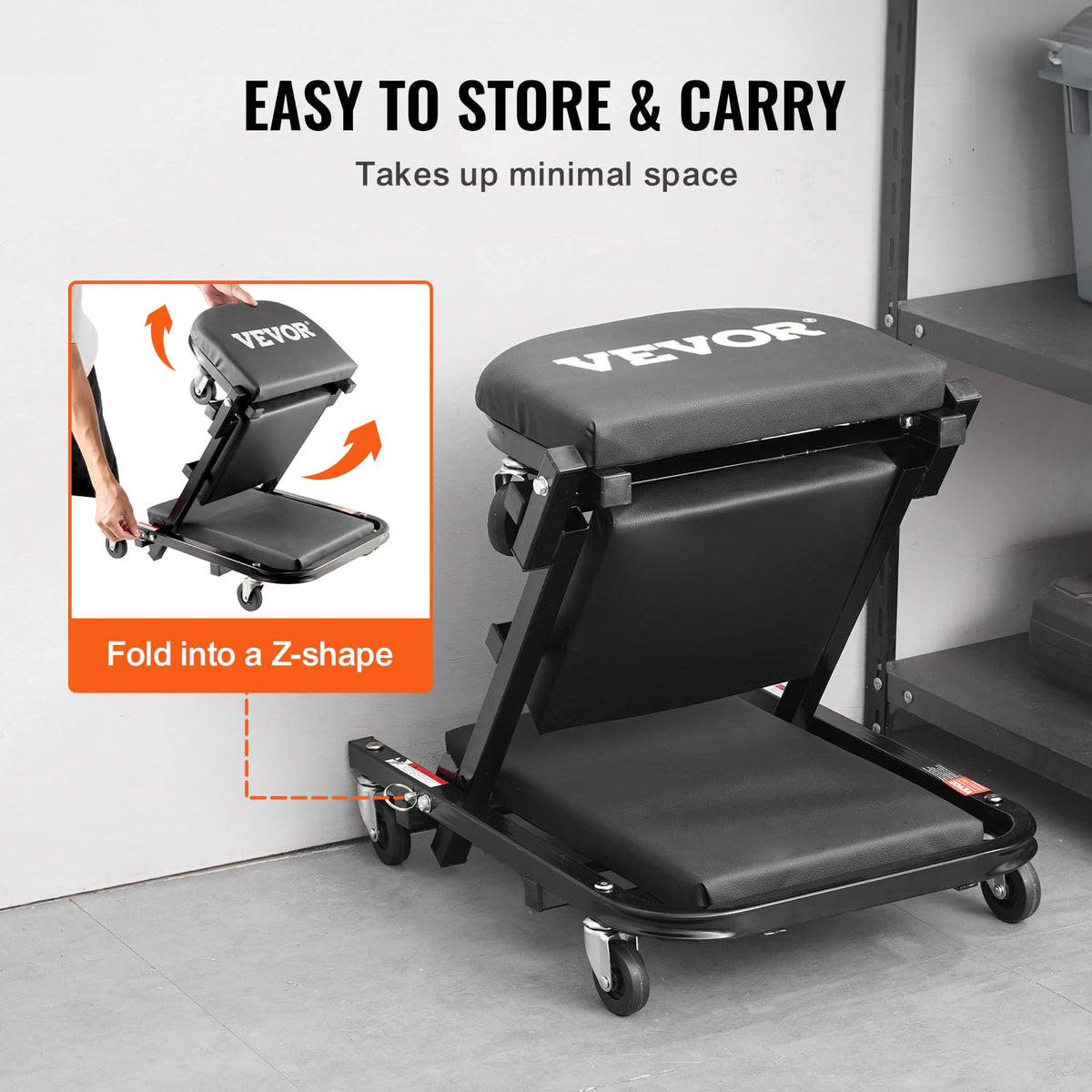 VEVOR in seat mode with user demonstrating low-height work comfort and back support benefit