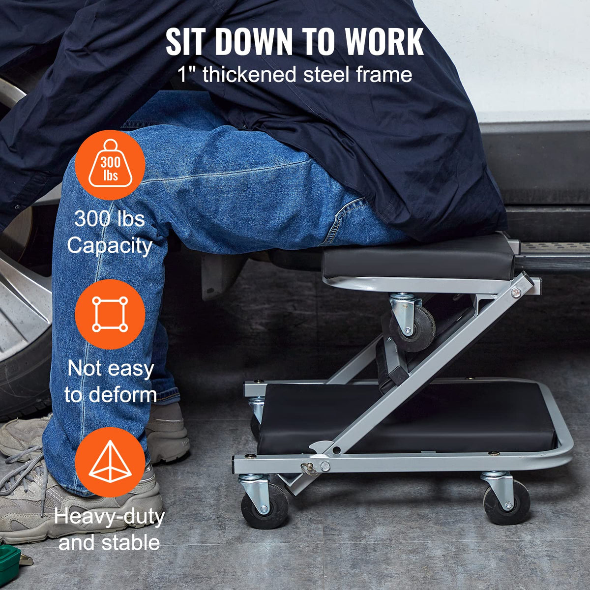 VEVOR stool mode showing stable seating for low-height work benefit