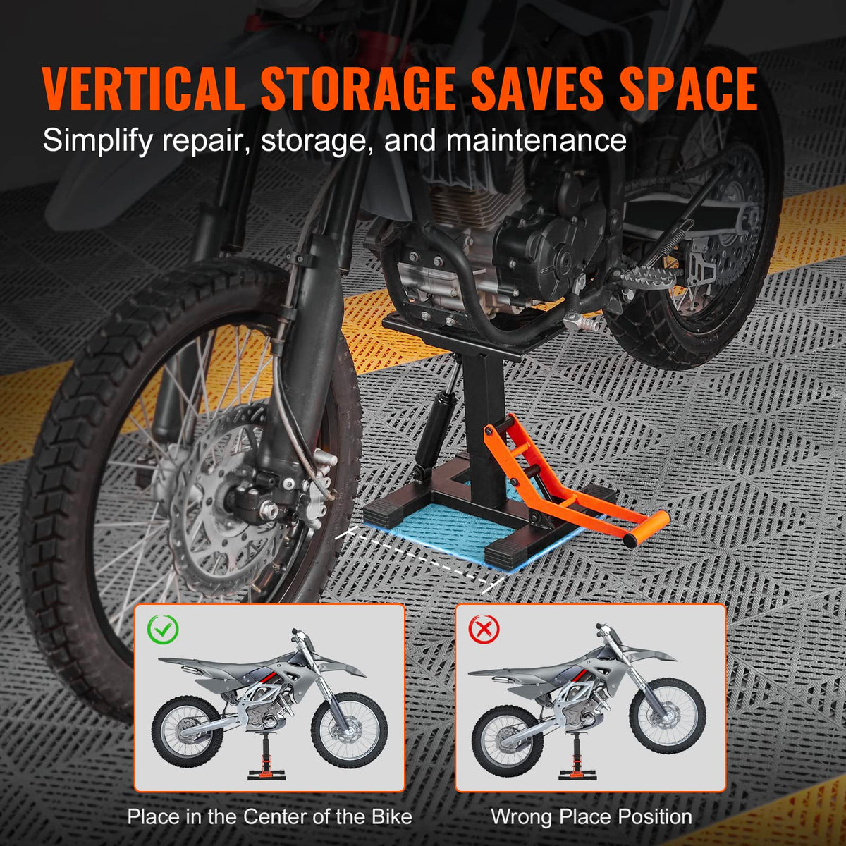 VEVOR dirt bike on lift side angle illustrating easy access for repairs
