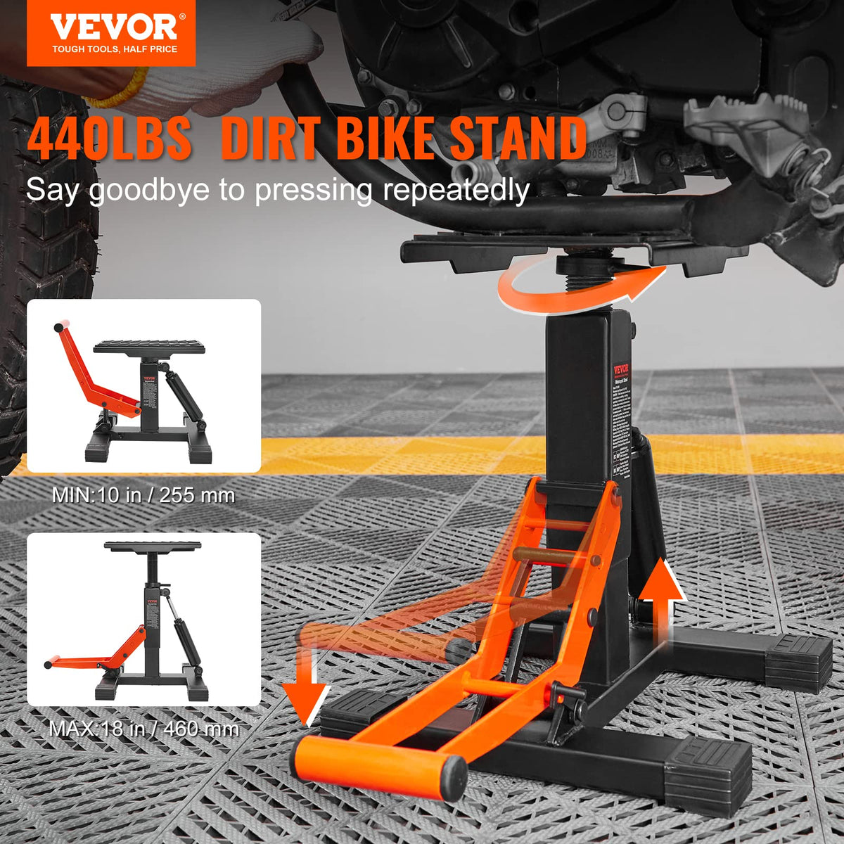 VEVOR close-up of 11x7 inch rubber deck protecting bike finish and grip