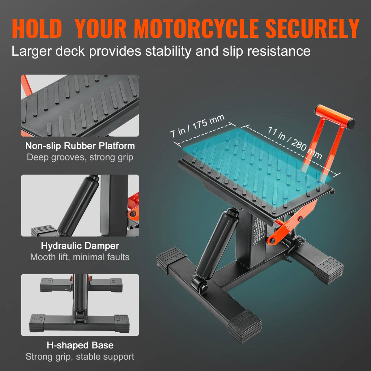 VEVOR hydraulic rod detail demonstrating smooth lift and reliable control