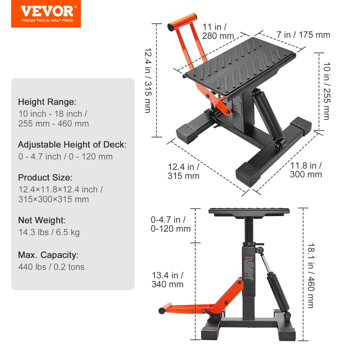 VEVOR lift next to bike for size comparison showing compact garage fit