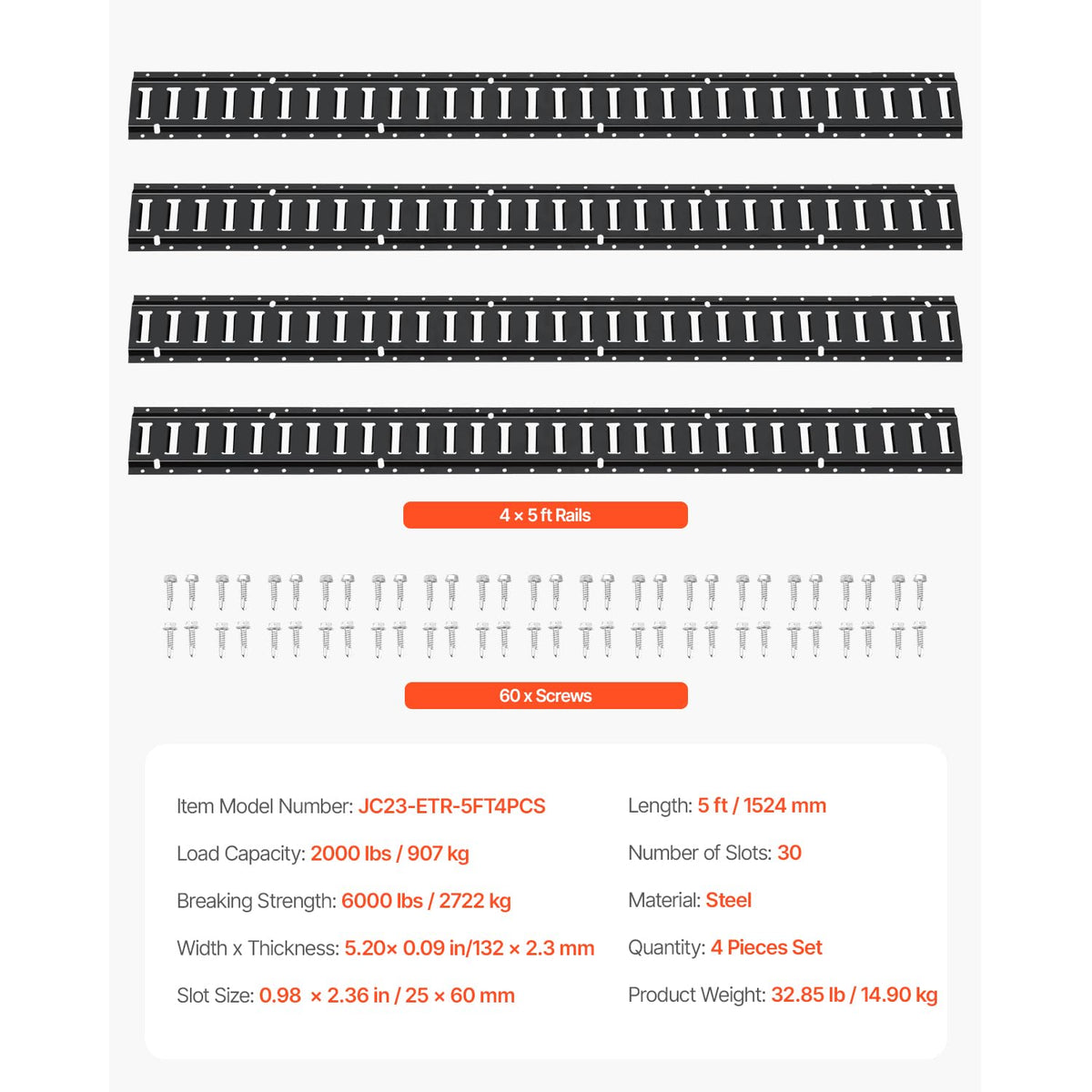 VEVOR E-track beside ruler showing 5-foot length for accurate scaling