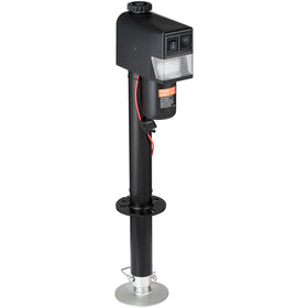 VEVOR electric jack in a camping scene lifting an RV for fast, safe setup