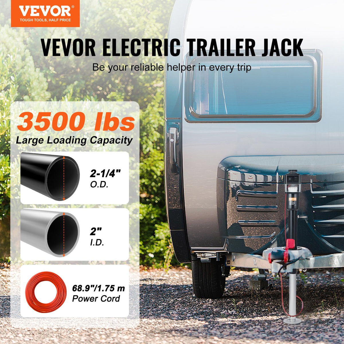 VEVOR electric tongue jack mounted on trailer demonstrating stable lift and convenience