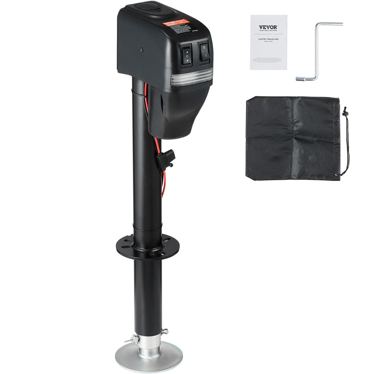 VEVOR electric trailer jack front view showing compact motor and base benefit fast hitching