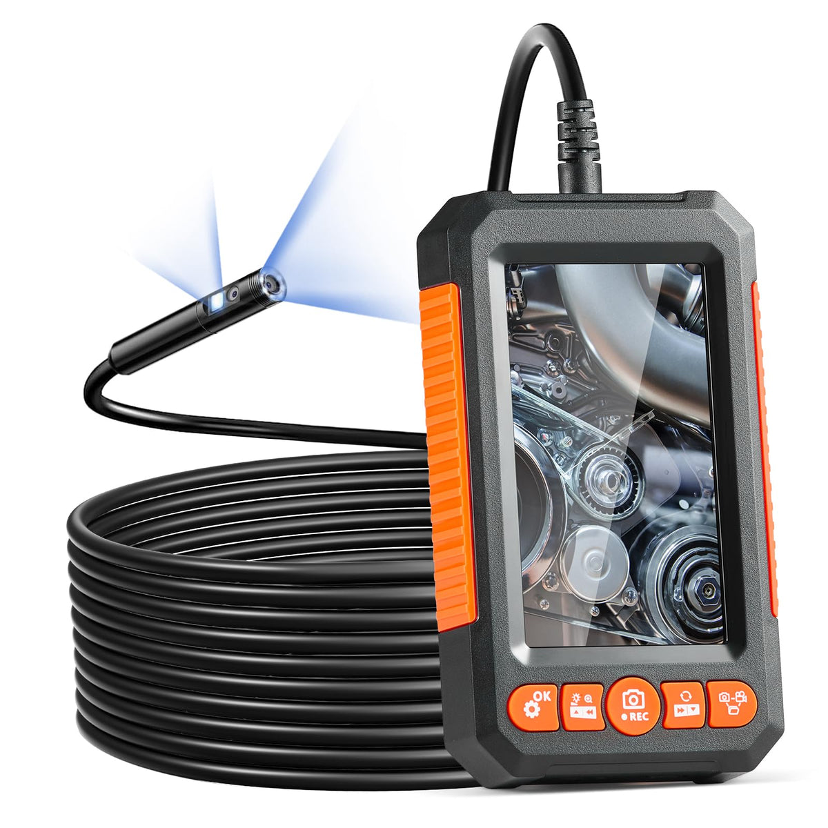 VEVOR endoscope front view showing dual-lens and probe for clear inspections