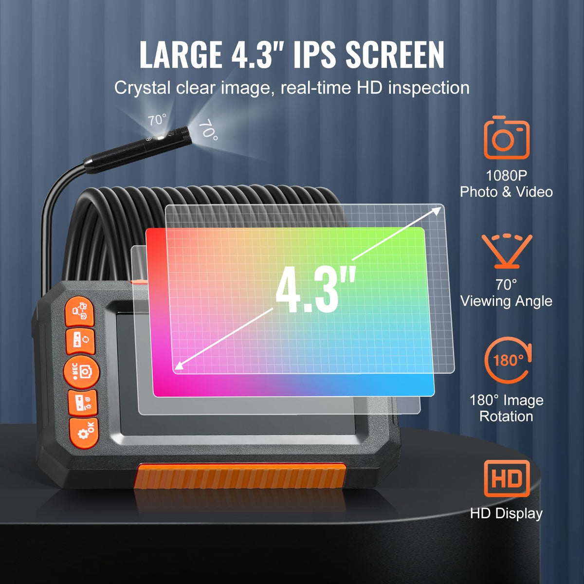VEVOR probe detail showing 8mm waterproof lens and LED lights for visibility