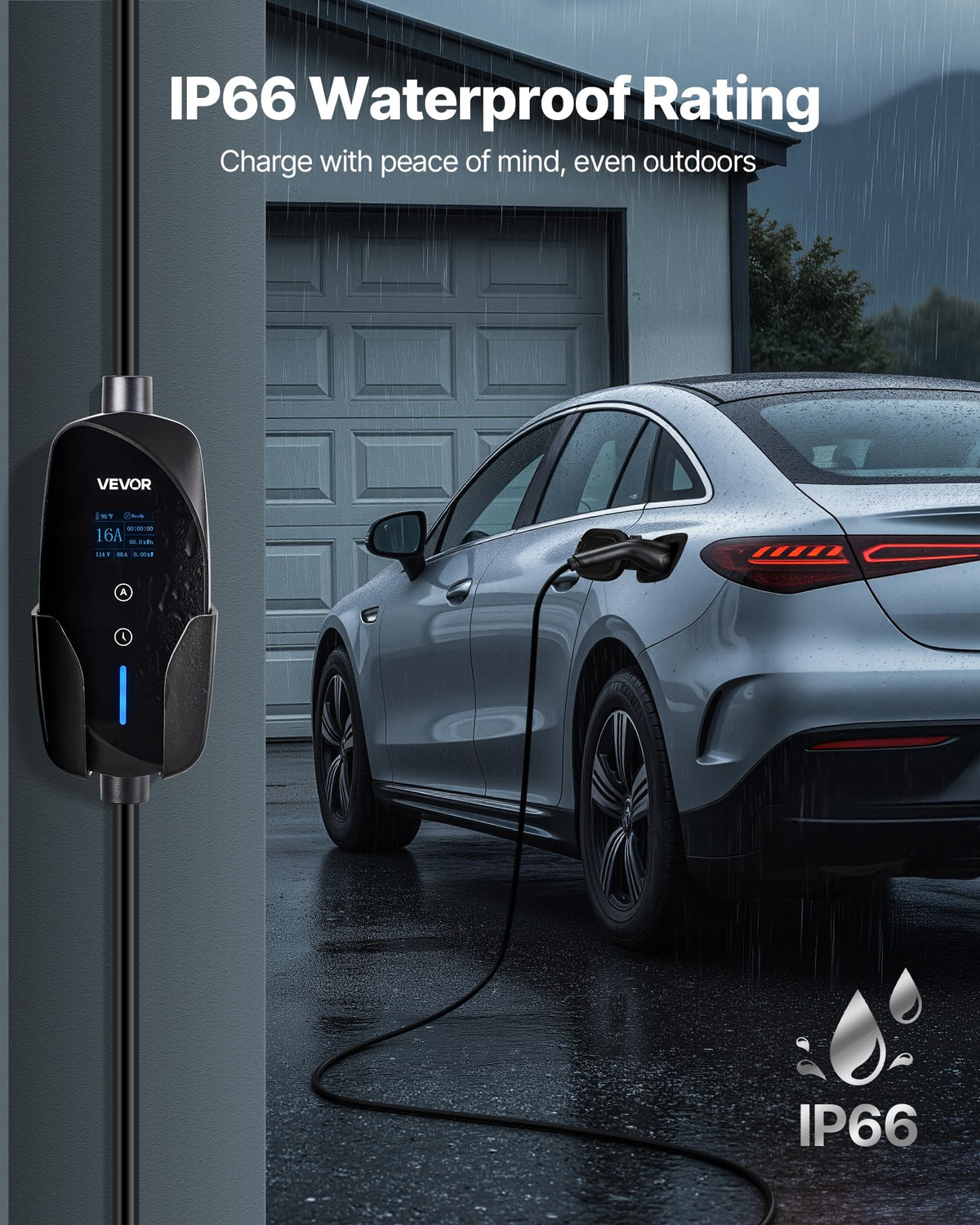 VEVOR charger plugged into car in driveway showing practical everyday charging