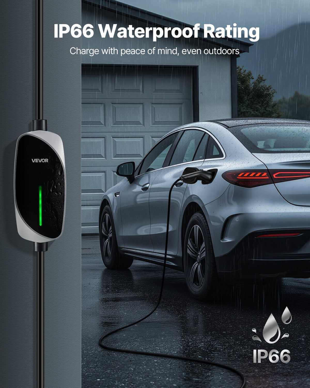 VEVOR mounted charger in garage demonstrating tidy installation and accessibility