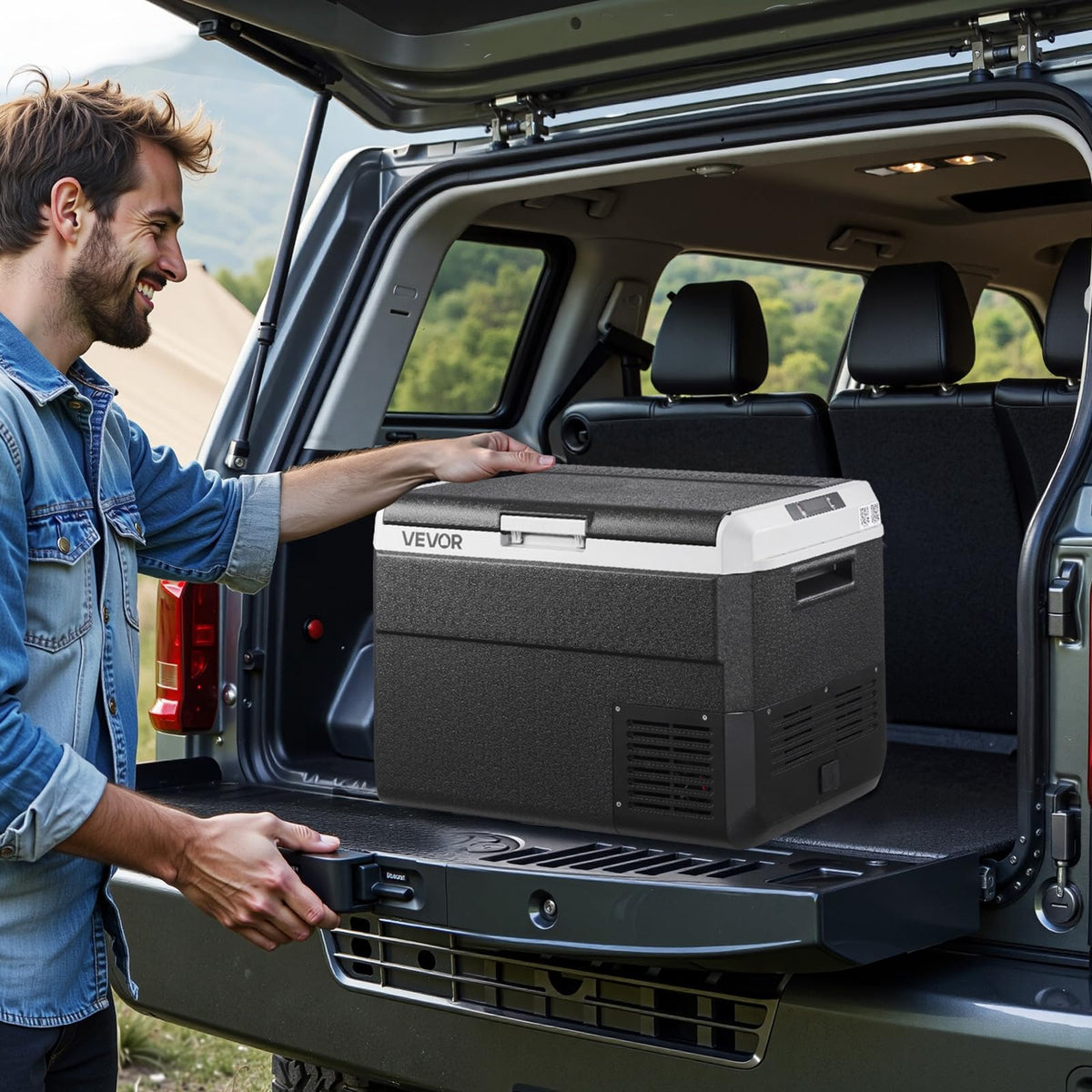 VEVOR at a campsite lifestyle shot shows outdoor convenience and food safety