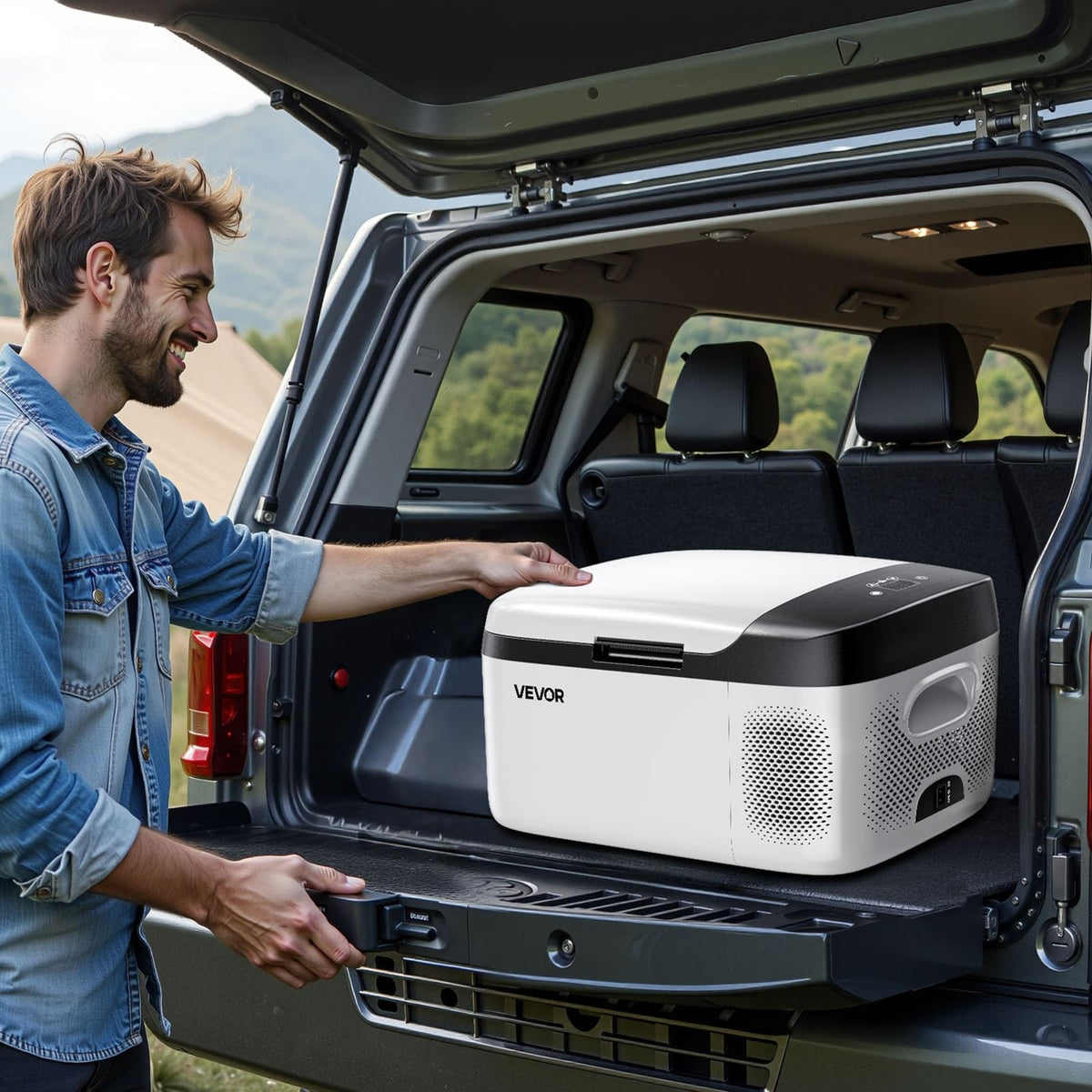 VEVOR fridge on an RV table showing outdoor use convenience
