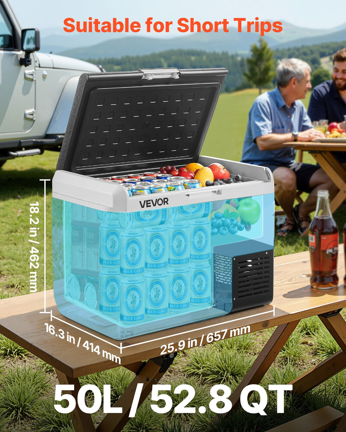 VEVOR interior view reveals organized 50L storage for food and beverages