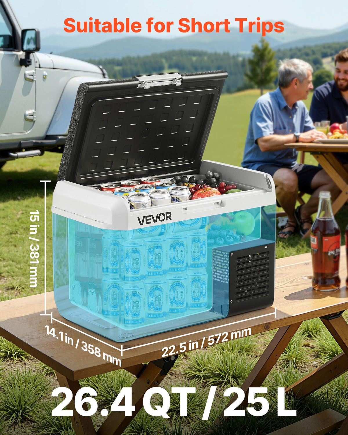 VEVOR open interior showing organized storage and chilled contents for easy access benefit