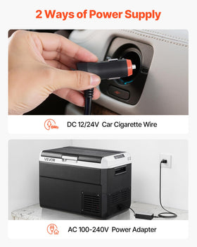 VEVOR power cables and AC/DC adapter illustrate multi-voltage convenience