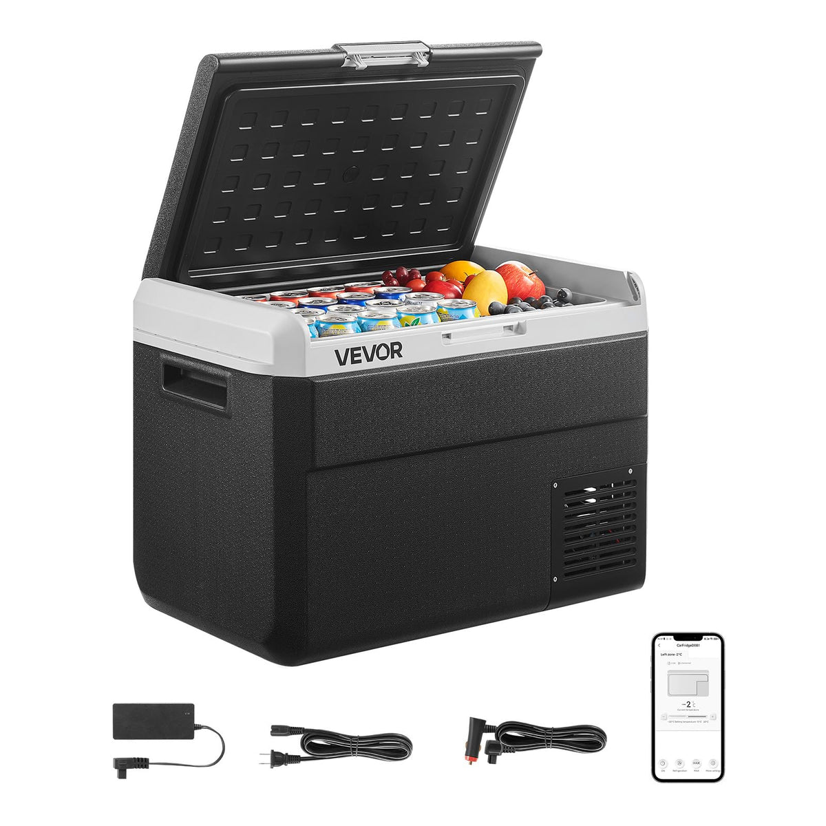 VEVOR next to a standard cooler shows 50L capacity and space-saving benefit