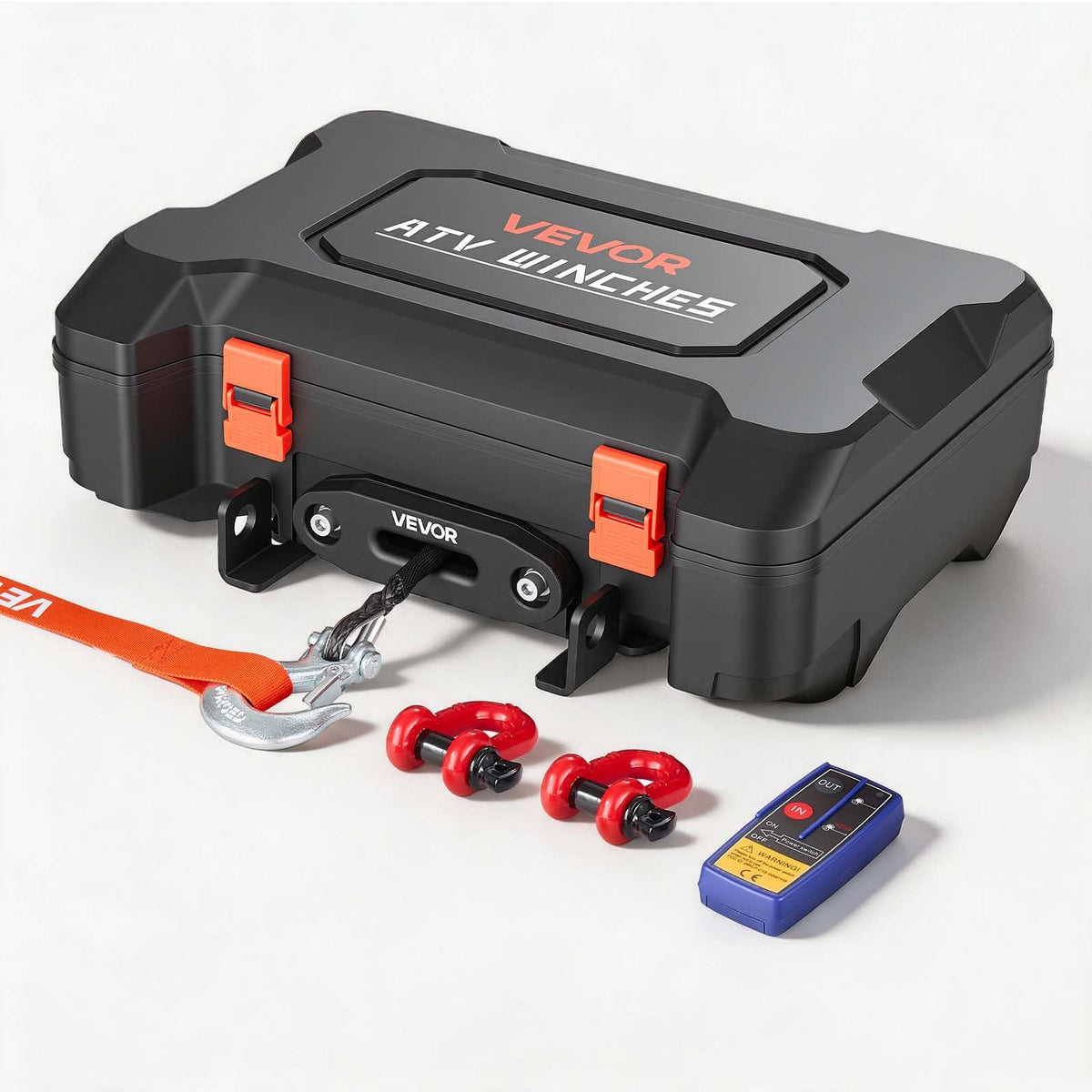 VEVOR front view of boxed portable winch showing organized storage and fast setup benefit