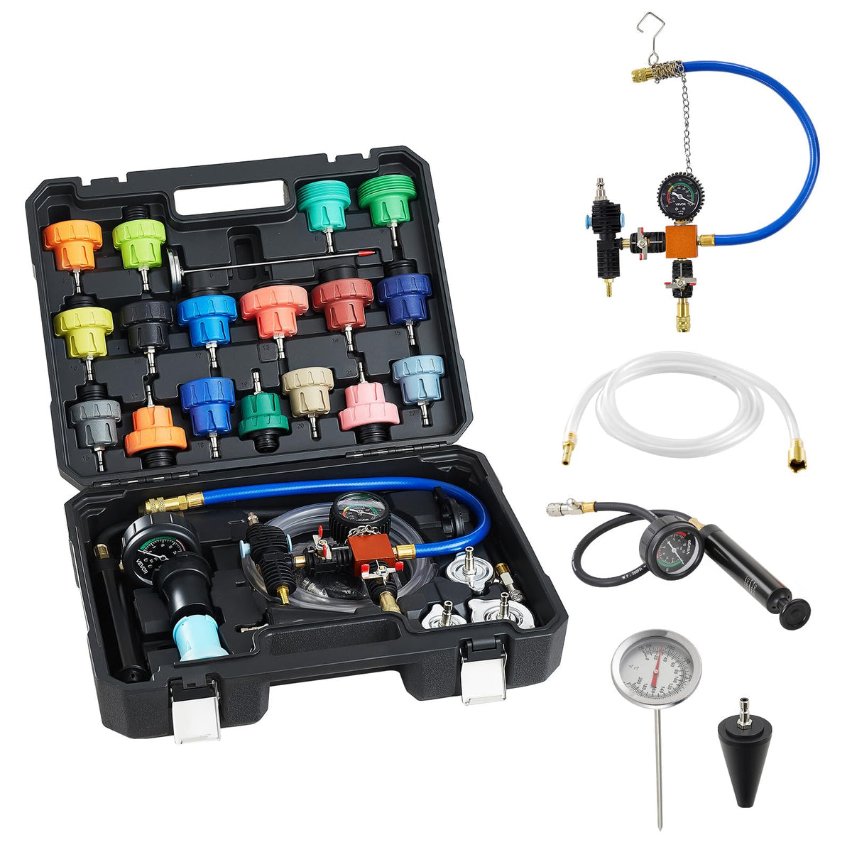 VEVOR front packaging showing full 31-piece radiator kit and portability benefit