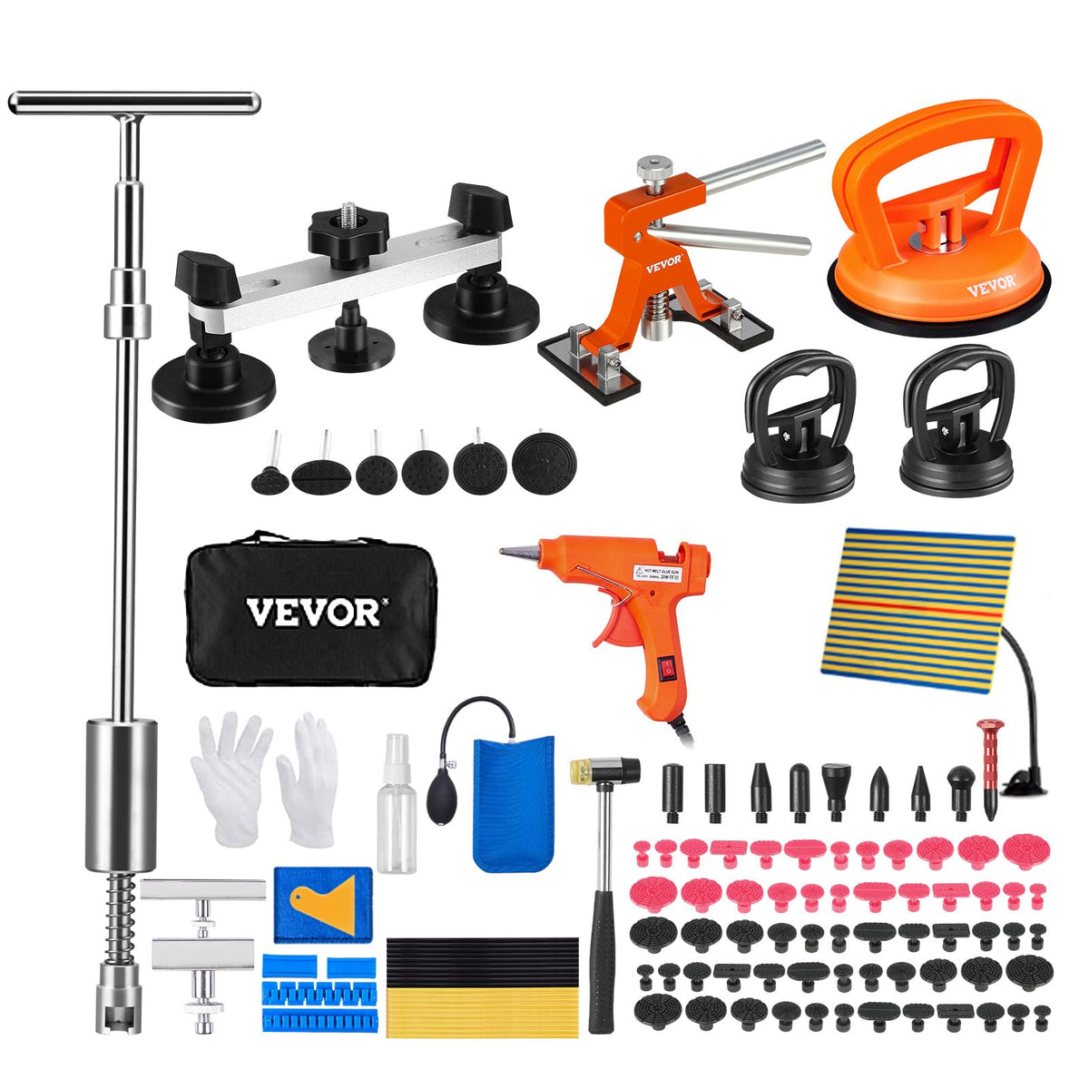 VEVOR front packaging showing full dent repair kit and organized case benefit quick setup