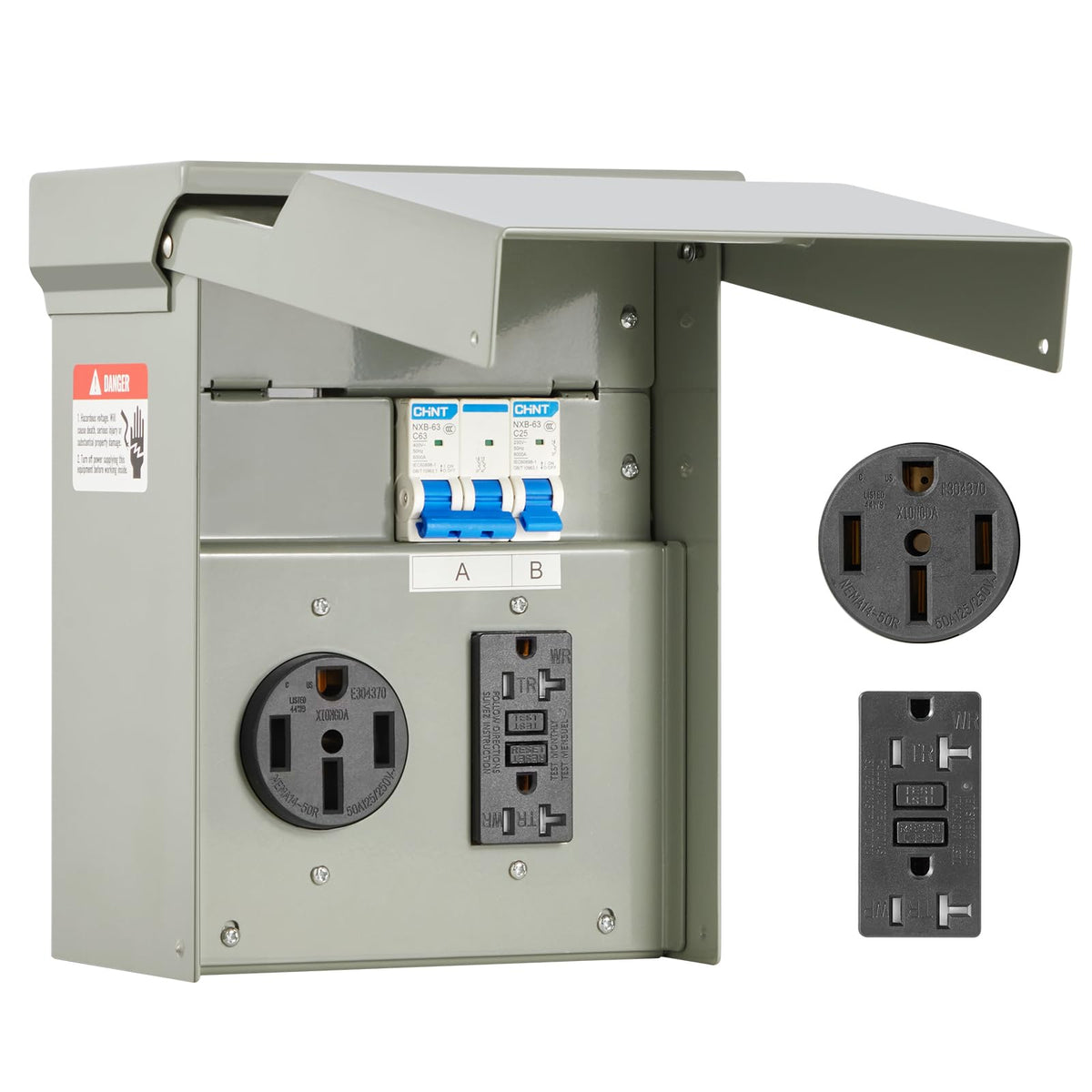 VEVOR front panel view showing outlets and enclosure, durable outdoor protection
