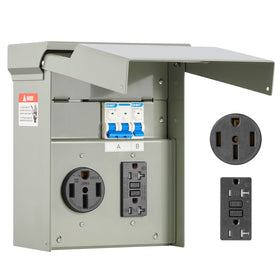 VEVOR front panel view showing outlets and enclosure, durable outdoor protection