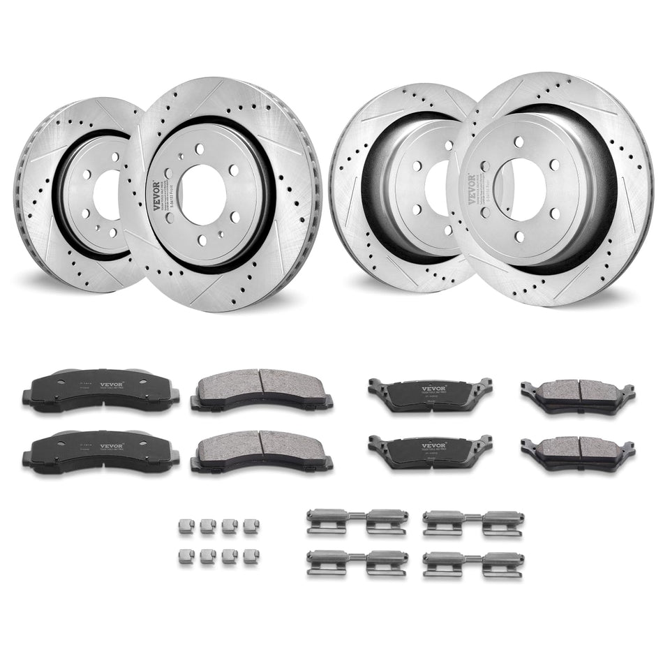 VEVOR front rotors view showing drilled slots and corrosion protection benefit