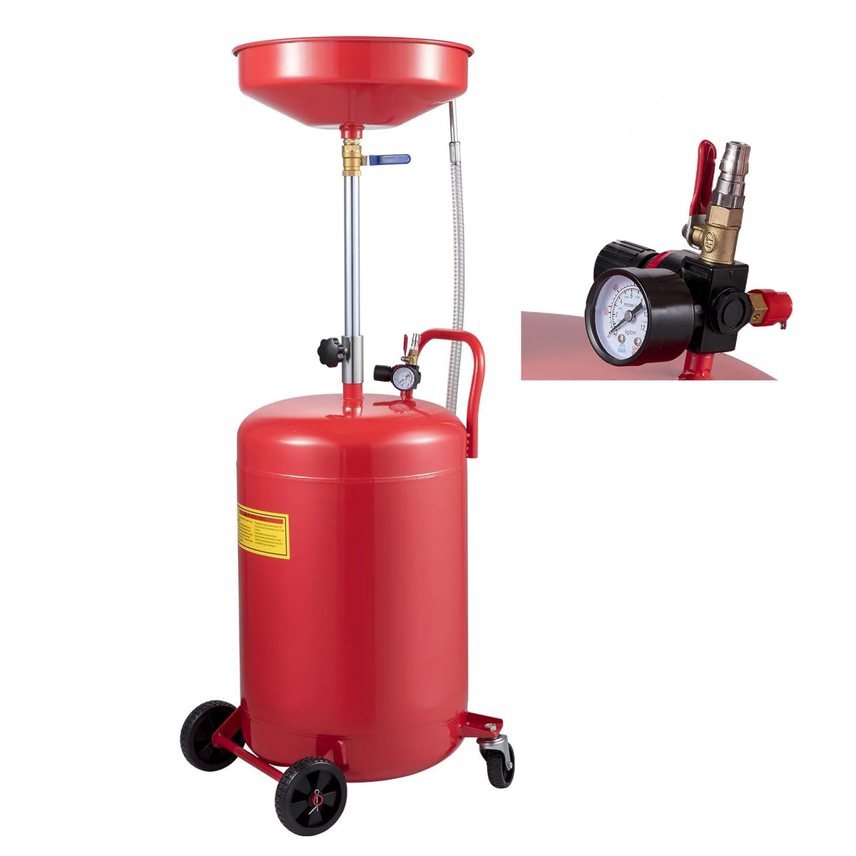 VEVOR front view of 20-gallon oil drain showing capacity and mobility benefits