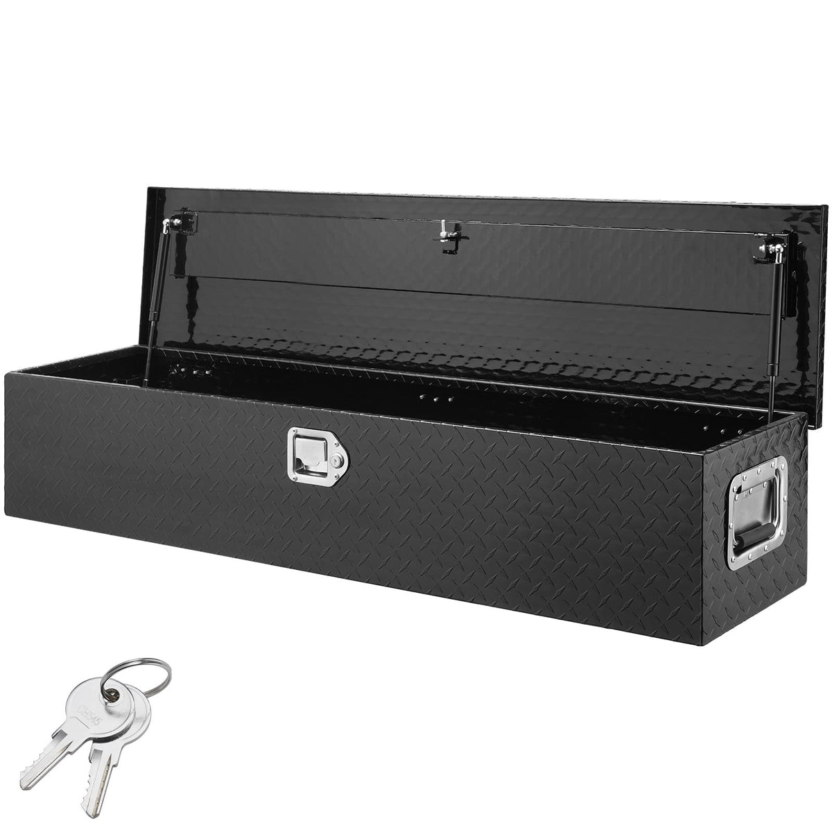 VEVOR front view of 48x15x15 black toolbox showing secure storage
